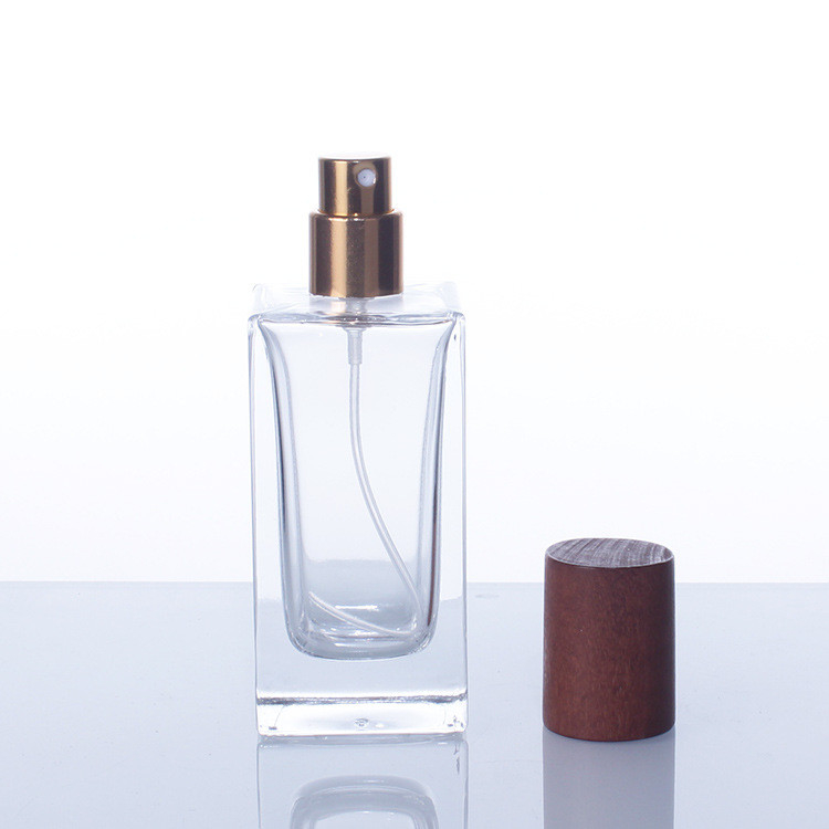 Customized 50ml Perfume Spray Bottle With Wooden Cap Square Shape